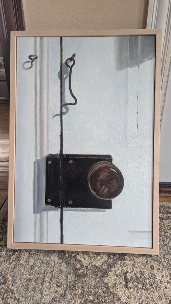 Photo of a painting. Painting is of a bathroom door