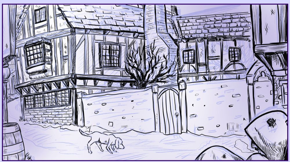 An Elizabethan street scene at night featuring a wonky house which will get fixed in later draft attempts. There is a stray dog sniffing at something and Old Ben the beggar is shivering in a corner. 