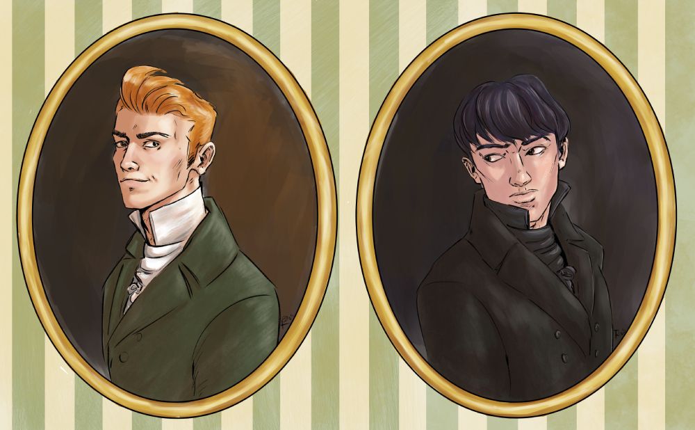 Two young men in late Georgian oval portrait miniatures on a striped wallpaper background. The boy on the left has ginger hair and is smiling at the artist and the shy dark haired boy on the right is looking back at him sadly. The boy on the right looks like he has been reading too much Geothe. The boy on the left wants to set up a chamber music group and is looking for a principal violinist....