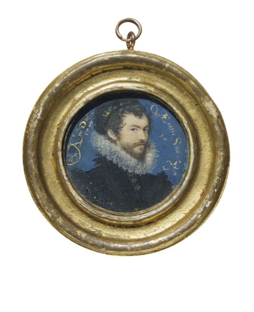 Elizabethan miniature painting of handsome young man wearing a ruff and a hat placed at a jaunty angle