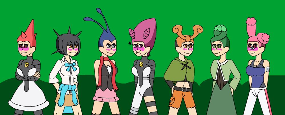 Various different Sinnoh gals from Pokemon with theme hairstyles of the Pokemon found in Eterna Forest, mostly Bug Types.

If you're curious who got what, from left to right: Mars is a Wurmple, Candice is a Silcoon, Dawn is a Beautifly, Jupiter is a Dustox, Gardenia is a Kricketot, Cheryl is a Budew, and Maylene is a Buneary! (That last one isn't a Bug Type, but given Lopunny's Mega Evolution typing I thought it would fit!)