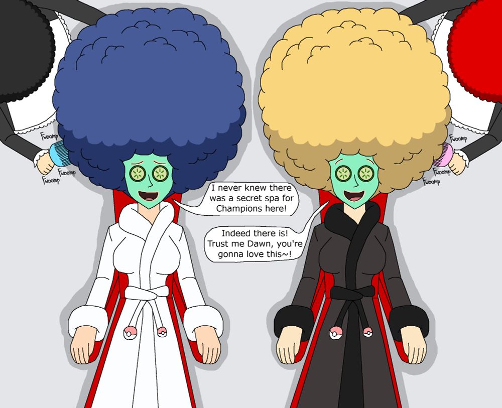 Dawn and Cynthia from Pokemon in spa robes laying down on chairs with mud masks on, cucumbers on their eyes, and their hair being poofed up and groomed into afros thanks to a pair of afro haired maids