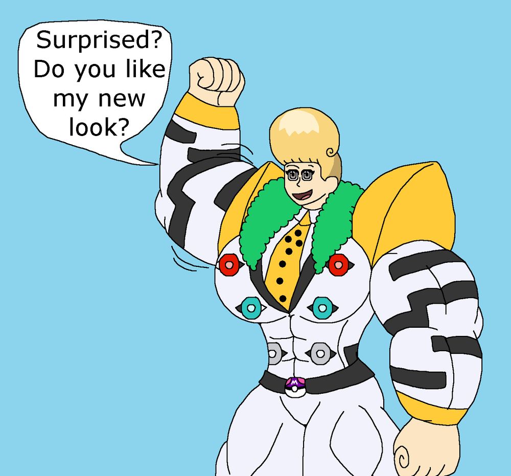 A super buff Cynthia from Pokemon in a Regigigas inspired suit with her hair styled into a pompadour hairstyle
