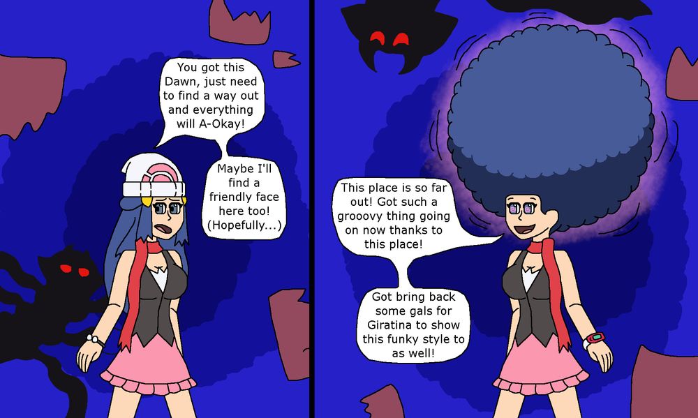 A before and after with Dawn from Pokemon getting transformed while in the Distortion World to have a big afro and a love of the hairstyle thanks to Giratina in the background