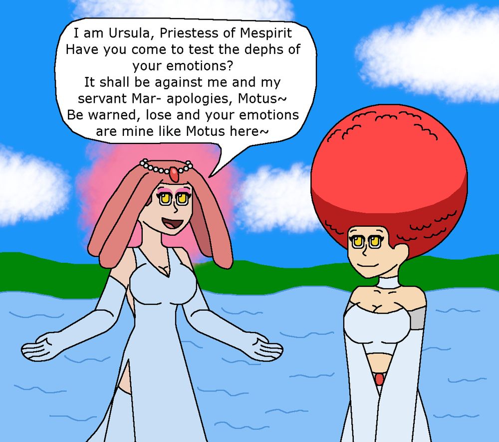 Ursula, one of Dawn's rivals from the Pokemon anime, hypnotized and turned into a priestess by the legendary Pokemon Mespirit, complete with a replica hairstyle.
Mars from Team Galatic has been turned into a servant of Ursula as well as punishment for her actions at the lake, with a new outfit and smooth afro hairstyle