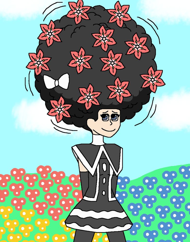 Marley, from Pokemon, with a big afro hairstyle standing in Flower Paradise that is blooming with Gracidea flowers