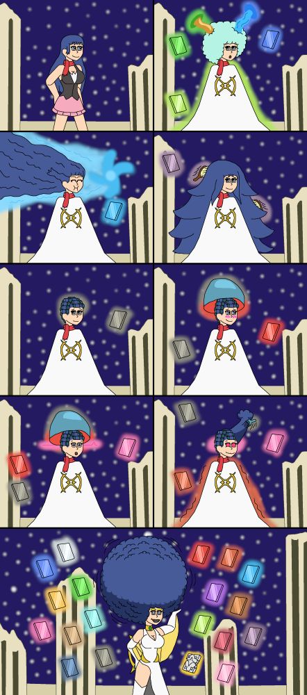 A multi panel comic featuring Dawn (Pokemon) getting a makeover from the various Plates of Arcues into his new champion and envoy as the Maiden of Arceus, complete with some hypnosis and an afro as well!

(Original Description:
Part 22 of my Sinnoh Pokeclicker Dungeon Achivement pictures and the very last one, with the picture for the Hall of Origins Dungeon!

Dawn has saved the region/world and returnd Arceus' plates to him, thus the Legendary sees it only right to make Dawn his new champion and envoy to the world! With a makeover using the plates of course and some minor hypnosis to help, leaving Dawn the beautiful Maiden of Arceus complete with an afro and the ability to use the plates herself!

With this picture done, that wraps up the Pokeclicker Dungeon Achivement pictures for Sinnoh! Holy holy this was surprisingly bigger than expected but I hope everyone enjoyed! Might take it easy for a day or two, though I have commissions opened for anyone curious or interested too!)

Plates featured:
2nd Panel - Insect/Bug, Meadow/Grass and Splash/Water Plates
3rd Panel - Sky/Flying Plate
4th Panel - Spooky/Ghost Plate
5th Panel - Iron/Steel Plate
6th Panel - Iron/Steel and Flame/Fire Plate
7th Panel - Iron/Steel, Flame/Fire Plate and Mind/Psychic Plate
8th Panel - Iron/Steel, Flame/Fire Plate and Mind/Psychic Plate
9th Panel - All of the Plates