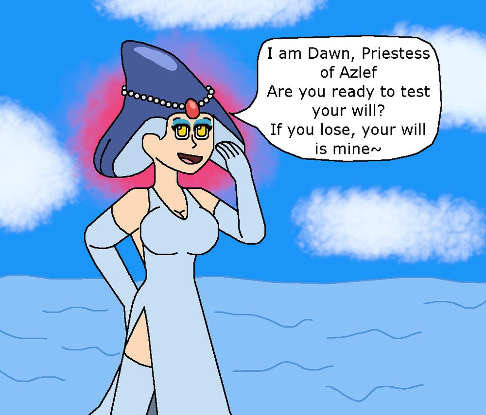 Dawn (Pokemon) in a long gown with long gloves and boots with her hair styled after the legendary Azelf, having been hypnotized and chosen by the pokemon to be her newest priestess!