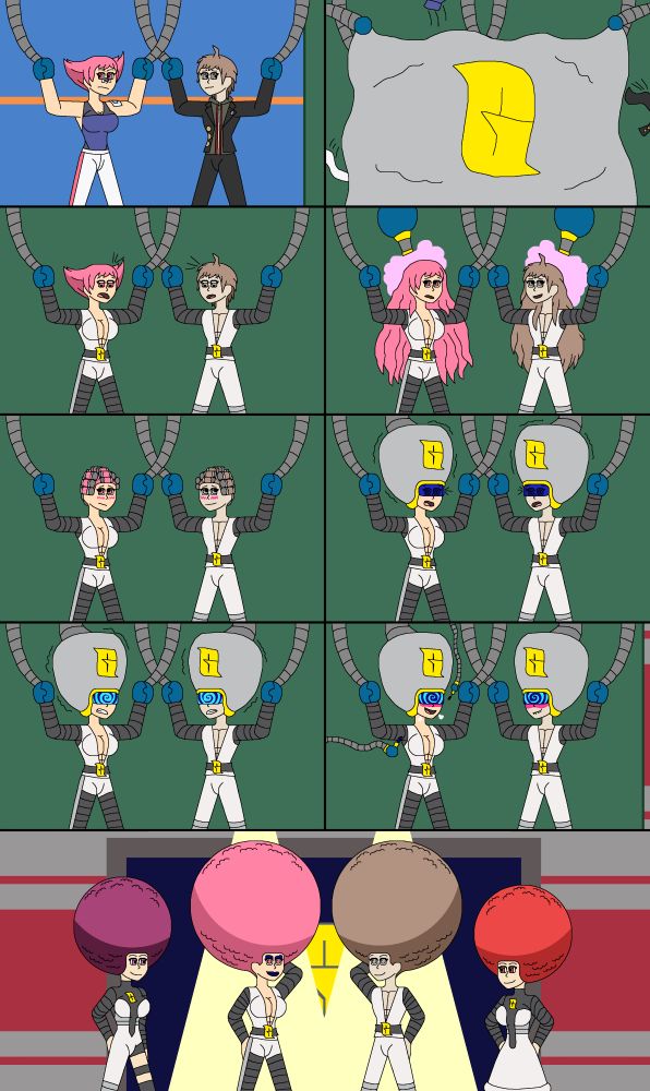A 9 panel comic showing Maylene (Pokemon) and Makoto Naegi (Danganronpa) both having been captured by Mars and Jupiter and put through a makeover machine that branwashes and makes them over into new bosses of Neo Team Galactic, with the pair sporting a new set of big afro hairstyles at the end same as Jupiter and Mars do