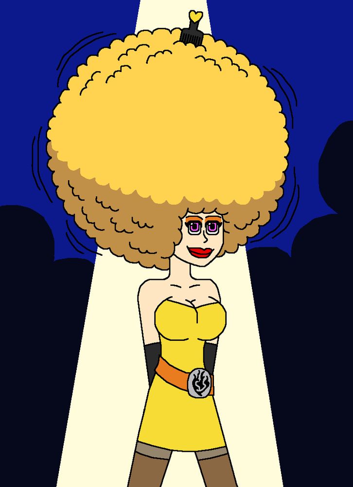 Yang Xaio Long from RWBY sporting a groovy new party look in a minidress, stockings, high boots, long black gloves, a loose belt and finally all complete with a big brand new afro to enjoy her time at a brand new club in town!