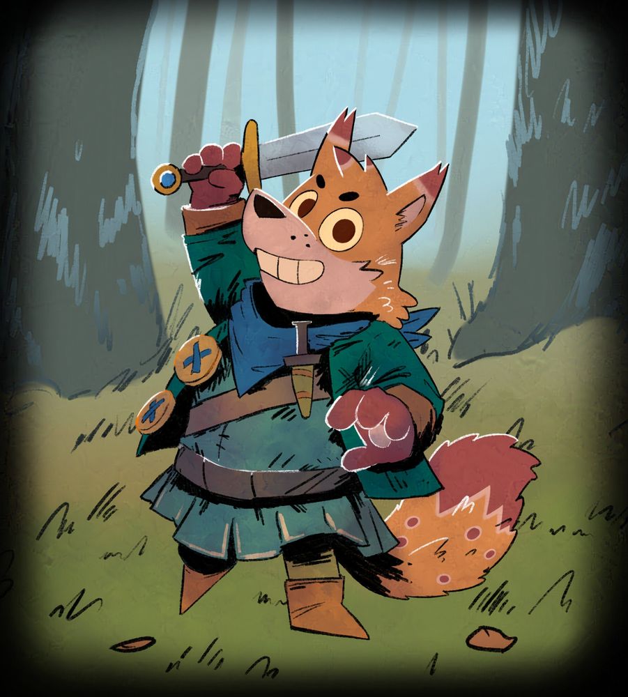 a digital drawing of a furry character with a little sword, smiling and heading towards the viewer