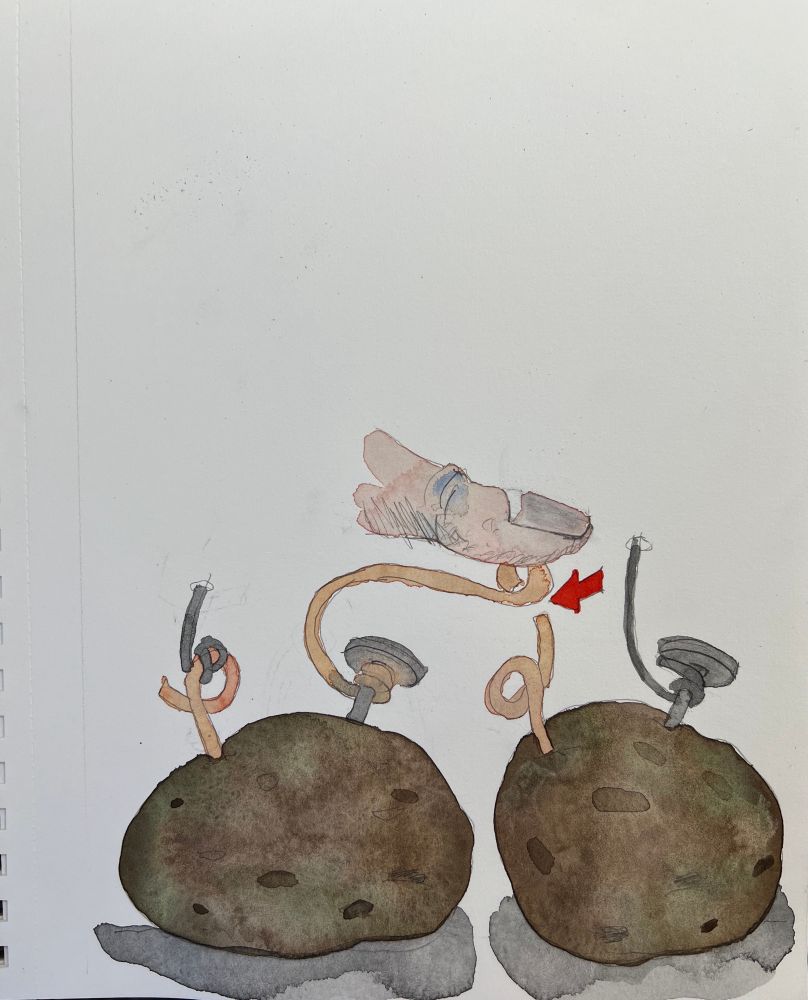 A potato battery, project from my childhood- could be used as a detonator hooked to a land mine to put under a Russian tank - I’m half crazy half the time. Get it, Ukraine, potato and some cheap irony. Laughing and crying. 