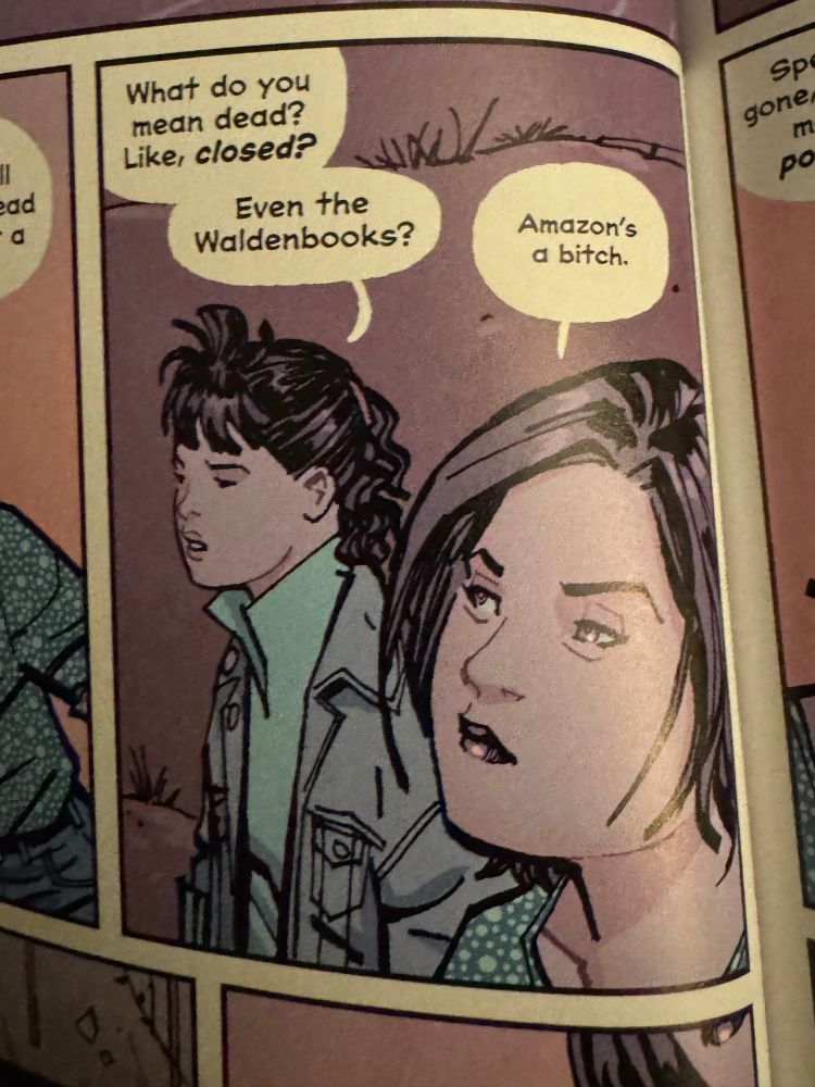 A panel from the Paper Girls comic.
Young Erin: What do you mean dead?
Like, closed? Even the Waldenbooks?
Old Erin: Amazon's a bitch.
