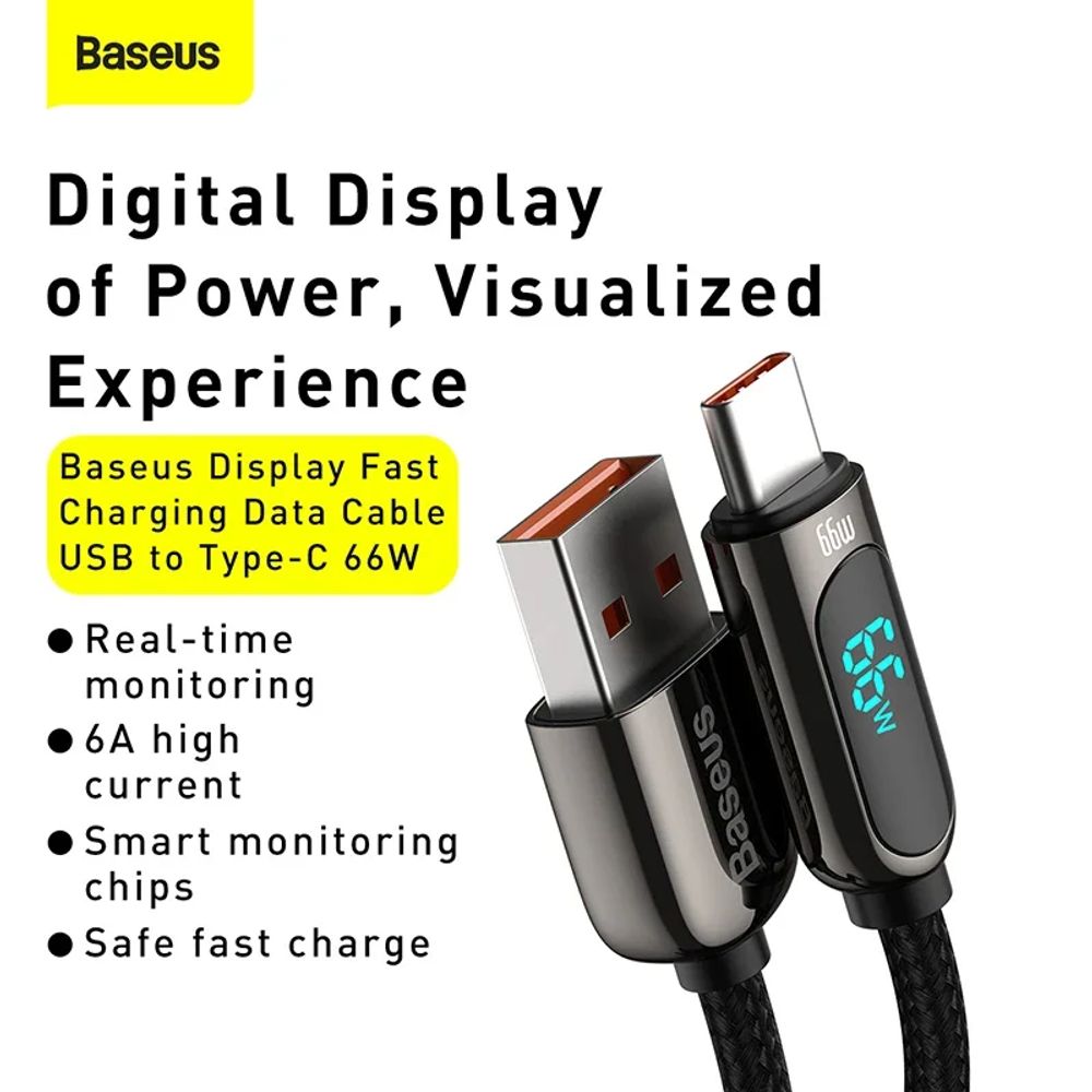 Baseus LED Display 6A USB Type C Cable For Xiaomi 10 Huawei Samsung Fast Charging Charger USBC USB-C Data Cable Type-C Wire Cord