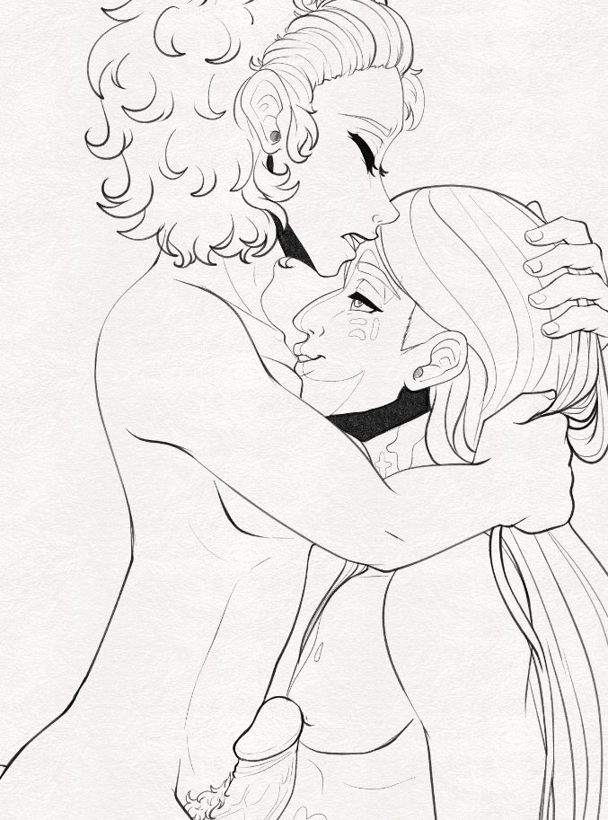 close up - drawing of two male characters having sex while one has his hands restrained behind his back, the one on top clinging in pleasure and the one on bottom looking up lovingly at him. 