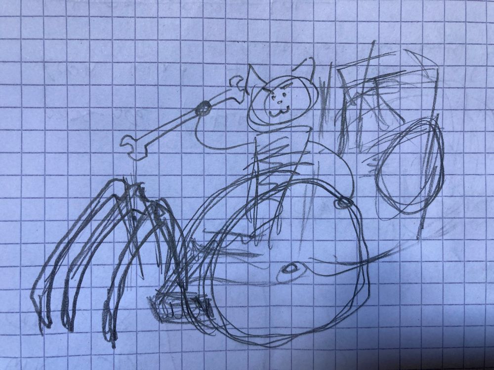 a VERY rough sketch of a tabaxi artificer sitting in a wheelchair (with hermit crab legs instead if the front wheels), brandishing a too-big wrench with a determined >:3 expression on his dumb little face