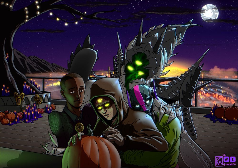 Ikora Rey, Heulog-12 and Kysurax gather around Eris Morn in a tight embrace as she begins carving a pumpkin. They are on a balcony in the Tower on a moonlit night, and Festival of the Lost decorations such as candles, pumpkins, and faerie lights are festooned about.

Heulog's cheek is resting on Eris's shoulder, and Kysurax's is laying on Heulog's head. Ikora is smiling awkwardly as she is squeezed by the eager Lucent Hive Wizard.