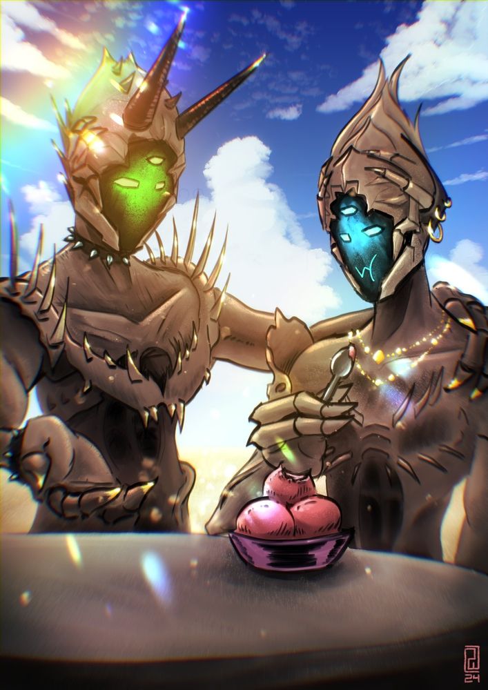 A digital illustration of two Lucent Hive Lightbearer Wizards, Kysurax and Luzaku, sitting at a table on a sunny day. In front of them is a table with a bowl of gelato. Kysurax has her arm around Luzaku's shoulder and is gesturing to the dessert with her free hand. Luzaku has a spoon in hand, and has just taken a bite. Both of them are wearing lighter, lower-profile versions of their chitin raiments, spines and claws tipped in gold. Kysurax has a spiked bracelet and choker, while Luzaku has a gold chain necklace and hoop earrings.
