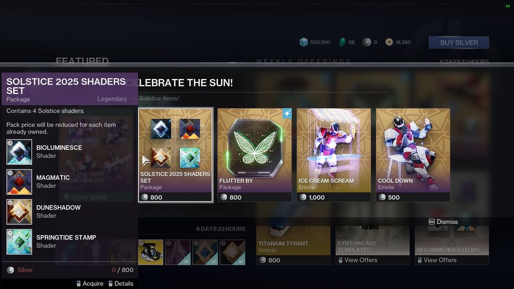 screenshot of eververse showing the solstice shader pack and how it costs 800 silver