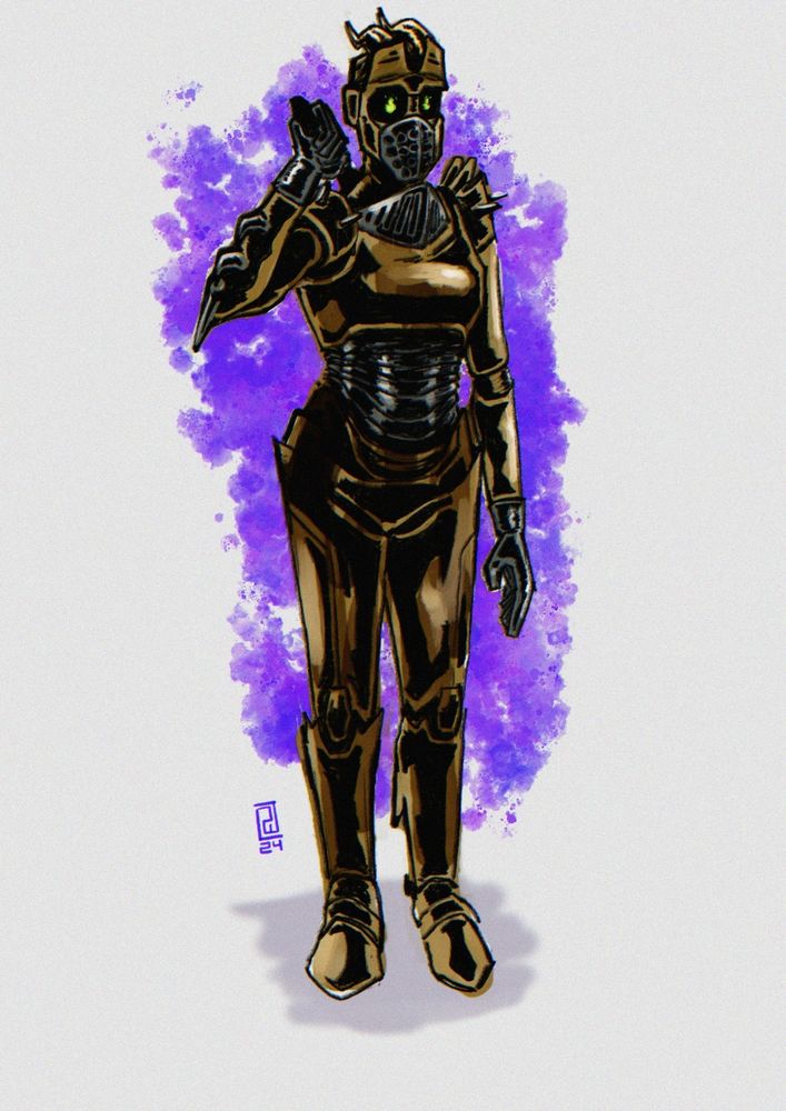 A digital drawing of a humanoid warforged artificer. She has a bronze shell with grey metal accents on joints and the abdomen. She has green fire in place of traditional eyes in her dark eye-sockets, which are capped with flaps that can swing down to protect the flames within. Her head is crested with two dragon-like horns.