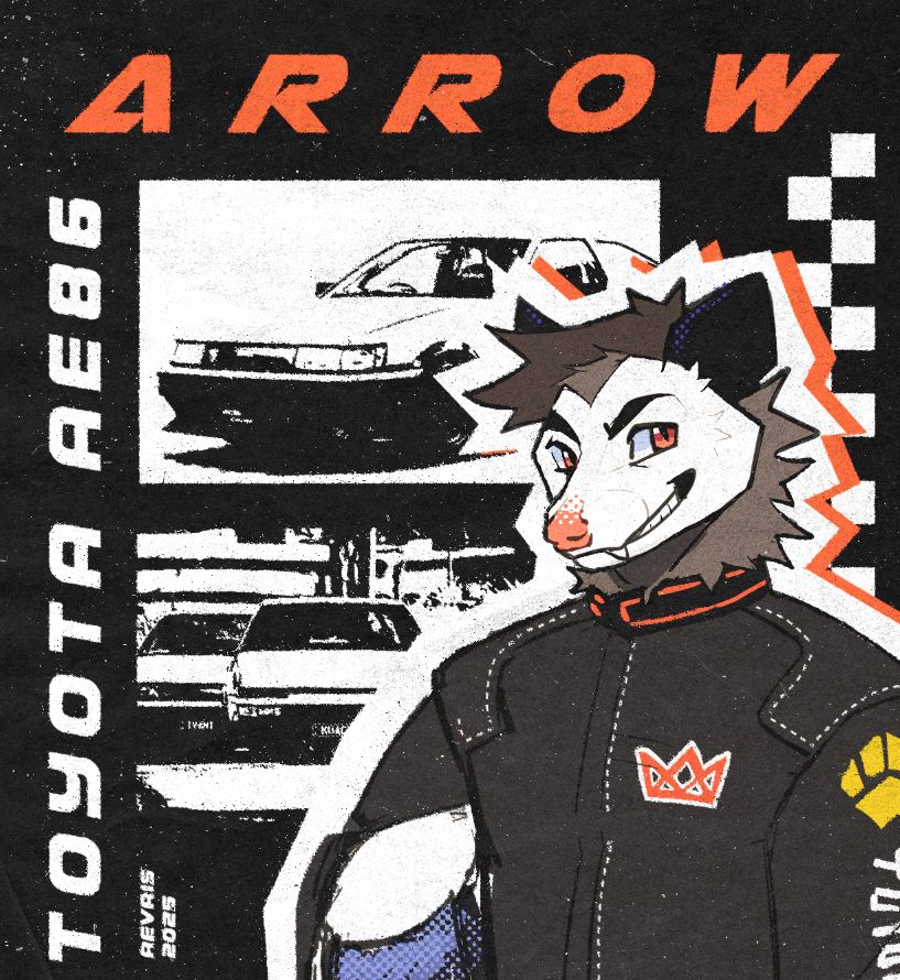 Poster layout featuring an anthropomorphic opossum character in an auto sports racing suit. The text reads “ARROW” “TOYOTA AE86,” and the background includes black and white images of the same car.