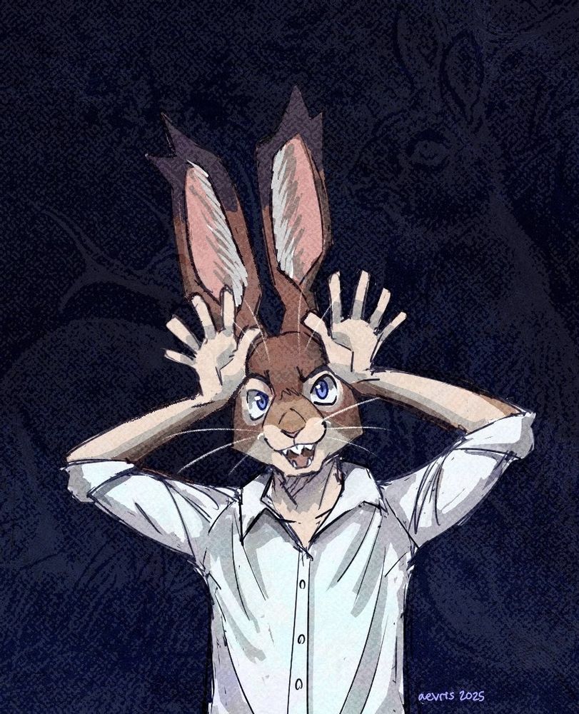 drawing on an anthropomorphic hare miming deer anglers with their hands. a vintage illustration of jackalopes is behind them.