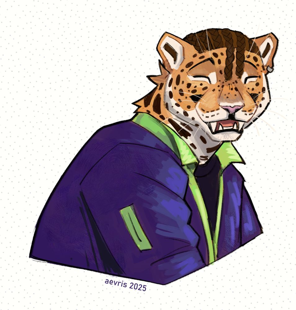 digital drawing of an anthropomorphic jaguar character wearing a windbreaker.