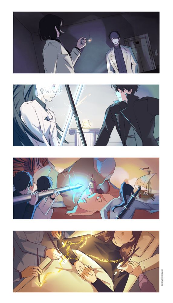 The second four are as follows:
5. Kim Dokja meeting Han Sooyoung from the 1863rd turn inside a dim room, lit only by Sooyoung's silver Unbroken Faith.
6. Yoo Joonghyuk fighting with Kim Dokja during the Proof of the Stars scenario. Dokja has activated both his demon king transformation and electrification, and the star rests on a pedestal behind them.
7. Kim Dokja and Yoo Joonghyuk hold up Heracles' spear together to throw at Ares, who is getting out of Heracles' cockpit. Next to them, Lee Jihye is fighting against the ship Argo.
8. Kim Dokja and the wanderers putting together Lee Sookyung's story as she lies on a hospital cot. Han Sooyoung takes hold of Dokja's wrist to help him write the parts he doesn't know.