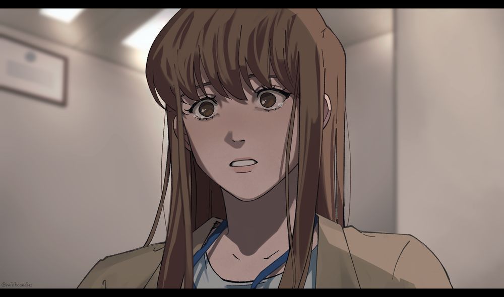 A closeup of Yoo Sangah's face as she looks down at Kim Dokja. Her eyes are wide and slightly teary. The overhead office lights shining behind her cast her face in shadow.
