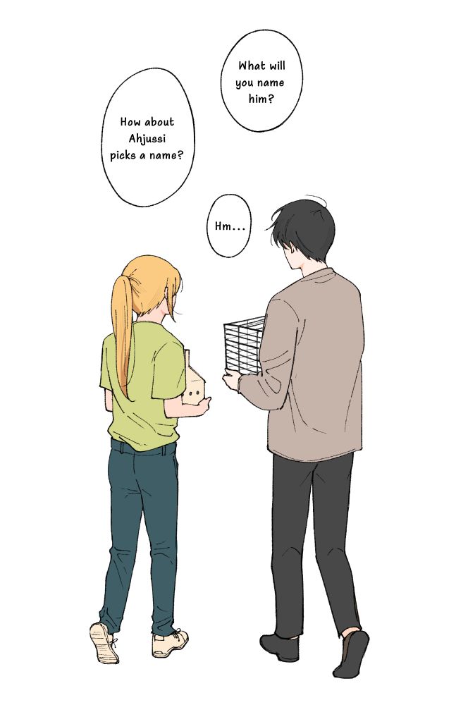 Page 5 out of 5. Yoosung and Dokja leave the pet store. Yoosung holds a little cardboard box with holes in it that the hamster is inside of while Dokja carries the cage for the hamster. He asks what she plans to name him and she suggests that he pick a name, to which Dokja simply says "Hm..."