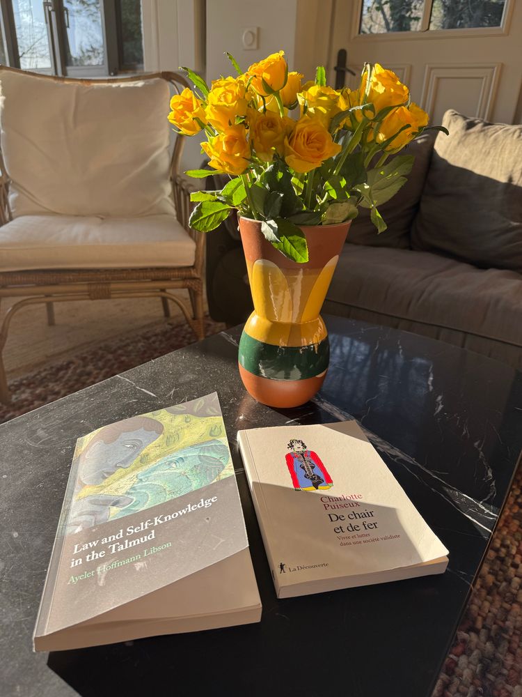 Sun shining with shadows a the light disappears. Yellow roses in a yellow and green and red vase on a black marble coffee table. Besides it are two books - one on self knowledge in the Talmud and another on disability rights and activism. 