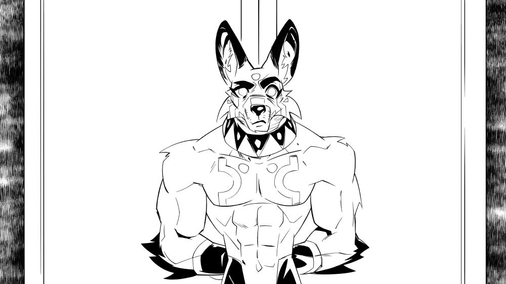 A half-body black and white lineart sketch of Beni the Jungalian Fox, wearing nothing but black pants, bracelets, and a tribal-patterned choker. Lore-wise, with him being a royal bodyguard, he's crossing his arms behind his back as he stands by, blocking the entrance to a double door behind him. Curiously, he slightly raises an eyebrow at you, the viewer, wondering if you're looking for something or need any information.