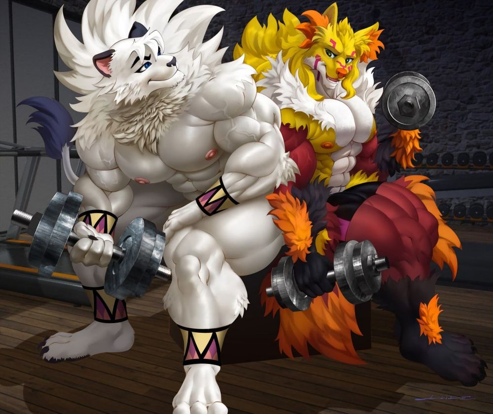 Rekka the Mega Delphox and Leo/Kimba the White Lion from Team Phoenix weightlifting at a gym through alternate dumbbell curls,  while back-to-back and making playful eye contact.
