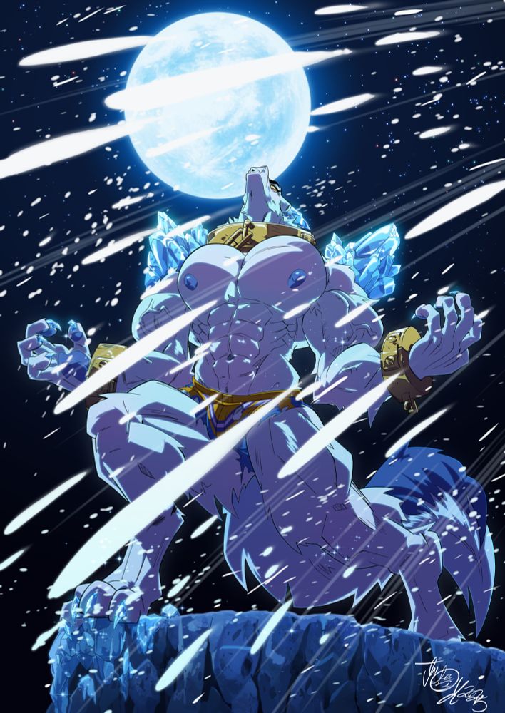 James Frost's Dragon fursona was transformed into a muscular werebeast wearing what's left of his tattered boxing shorts as speedo briefs, with solid ice for horns, claws, and shoulder spikes. 
He's viciously howling at the full moon behind him on top of a rocky cliff as he conjures up a powerful blizzard to paint the world around him snow white, as ice is forming on the ground he's stepping on