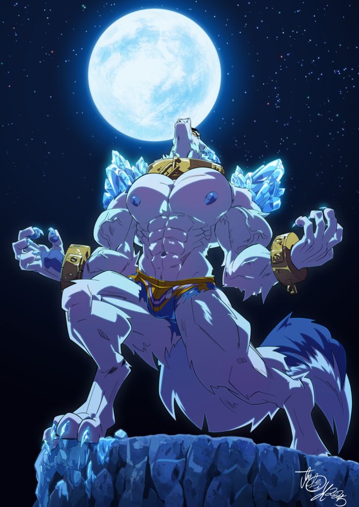 James Frost's Dragon fursona was transformed into a muscular werebeast wearing what's left of his tattered boxing shorts as speedo briefs, with solid ice for horns, claws, and shoulder spikes. 
He's viciously howling at the full moon behind him on top of a rocky cliff as ice is forming on the ground he's stepping on.