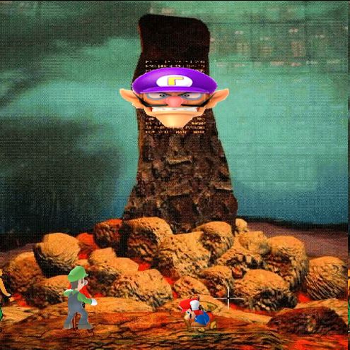 A screenshot of Allied Mastercomputer from I Have No Mouth And I Must Scream. Waluigi's face is stretched over the monolith's text, and Luigi and Mario have replaced the two characters below it.
