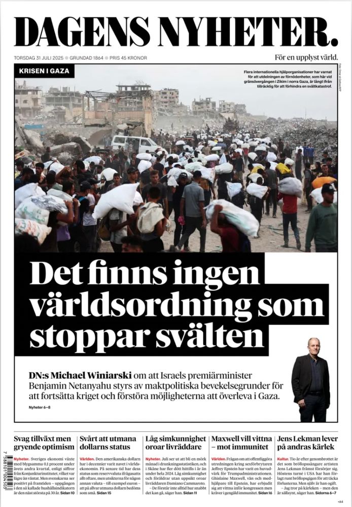 "Det finns ingen världsordning som stoppar svälten", lyder rubriken på DN:s förstasida.