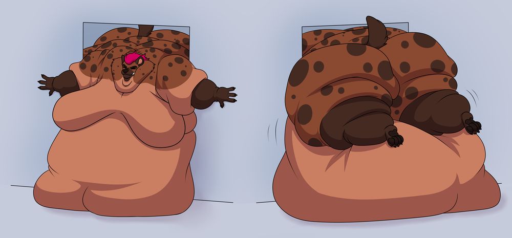 Illustration of Nikki, a pink-haired hyena, wedged in a doorway because she's soooo fat. On one side she desperately tries to push herself through, doughy arms on either side of the frame. On the other side, her chunky thights rest on her huge mattress of a gut, the top of the doorframe barely visible behind her colossal buttcheeks. There's no way in hell that's squeezing through there.