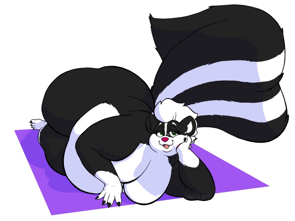 Illustration of a fat anthropomorphic skunk lying down on her side. She rests her head on her left hand, looking at YOU SPECIFICALLY with a smile.