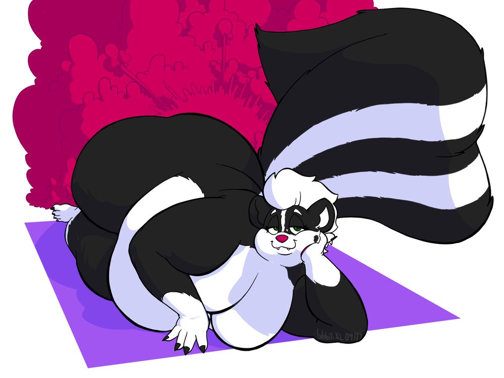 Illustration of a fat anthropomorphic skunk lying down on her side as she rips ass. She rests her head on her left hand, looking at YOU SPECIFICALLY with a sly smile, the space behind her engulfed in a pink cloud.