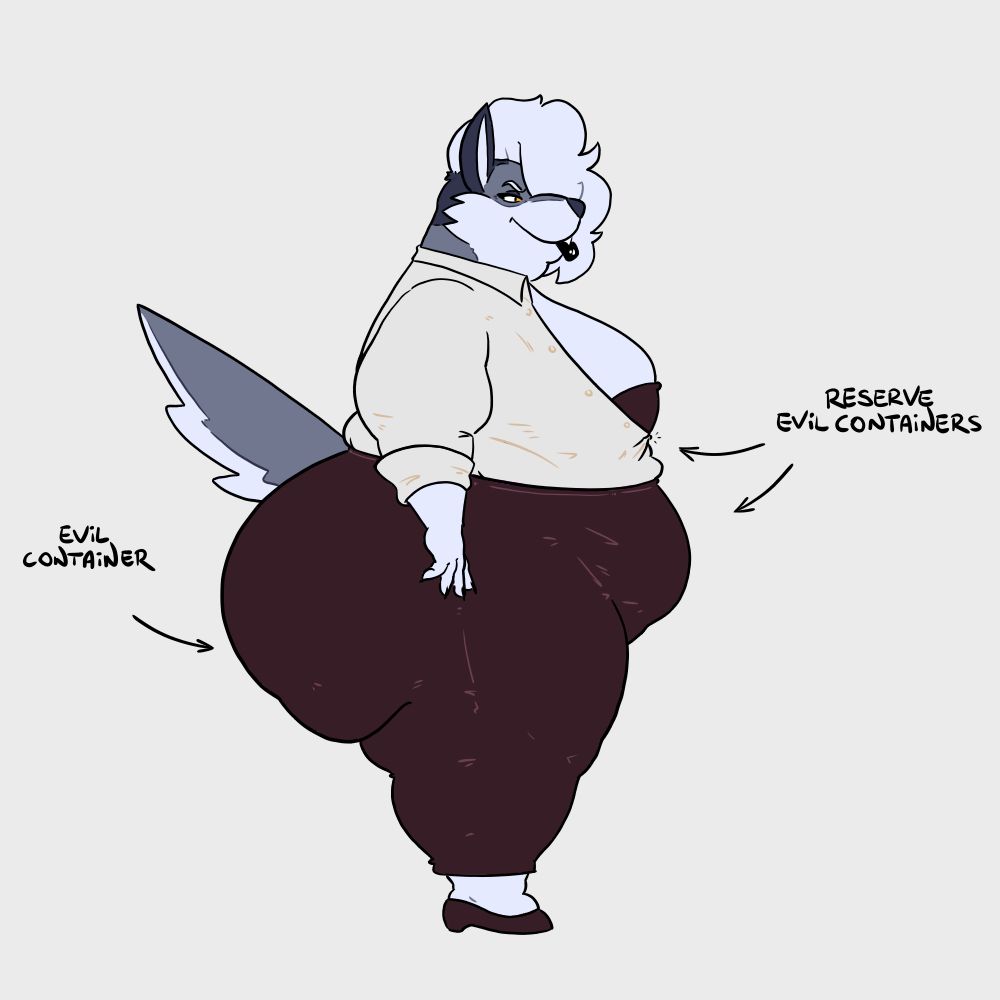 Side view of a grey wolf, Mackenzie, now obese with a notably large ass. An arrow points to her butt, with the label "EVIL CONTAINER", while two other arrows points to her breasts and tummy with the shared label, "RESERVE EVIL CONTAINERS".