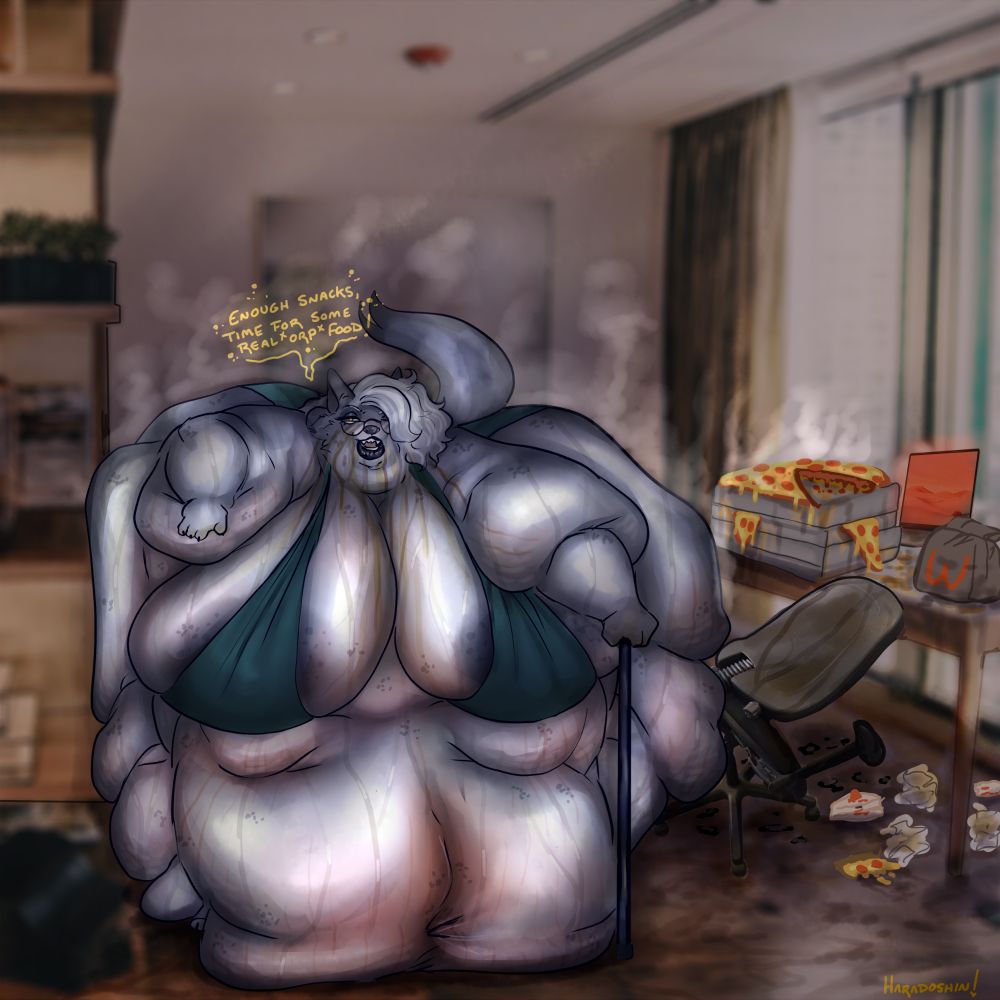 Mackenzie waddling away from her messy workstation. Her gut droops to the floor, and her fat ass squishes against a wall to her right. To her left is a broken office chair, and a desk littered with pizza boxes and takeaway bags. Behind all that is a laptop, presumably for work? Or for ordering more food.