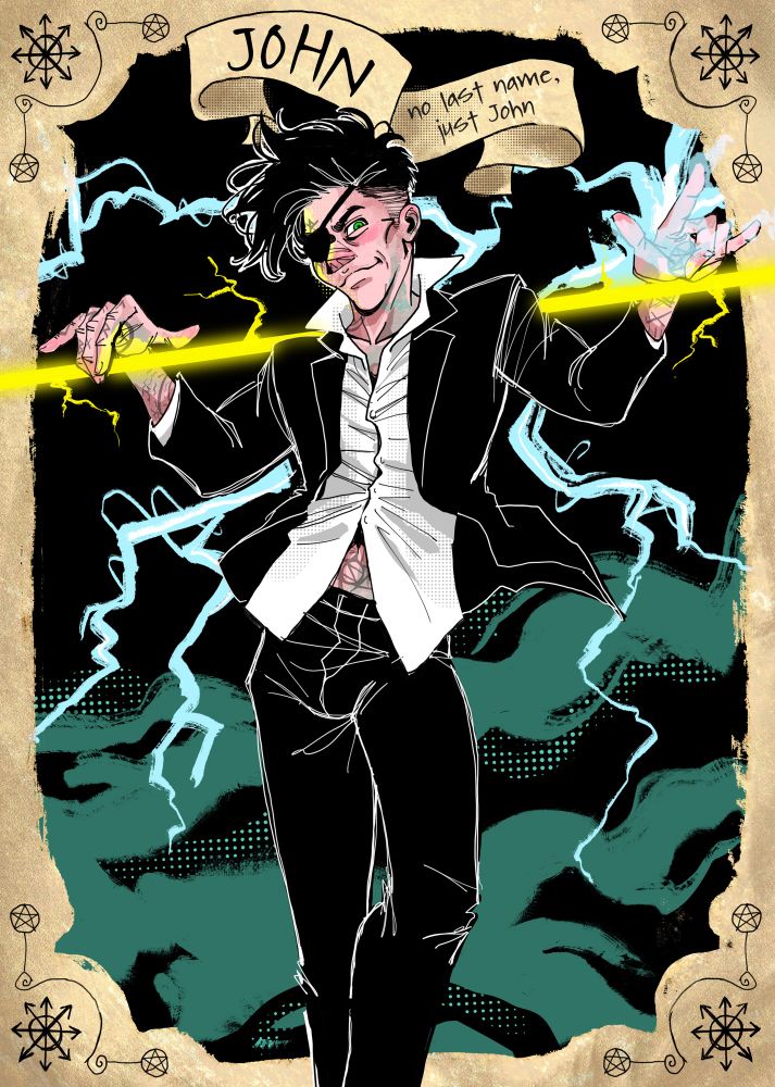 Trading card with John as my dnd character- he looks like he normally does, in a black suit, he’s showing off his magic 