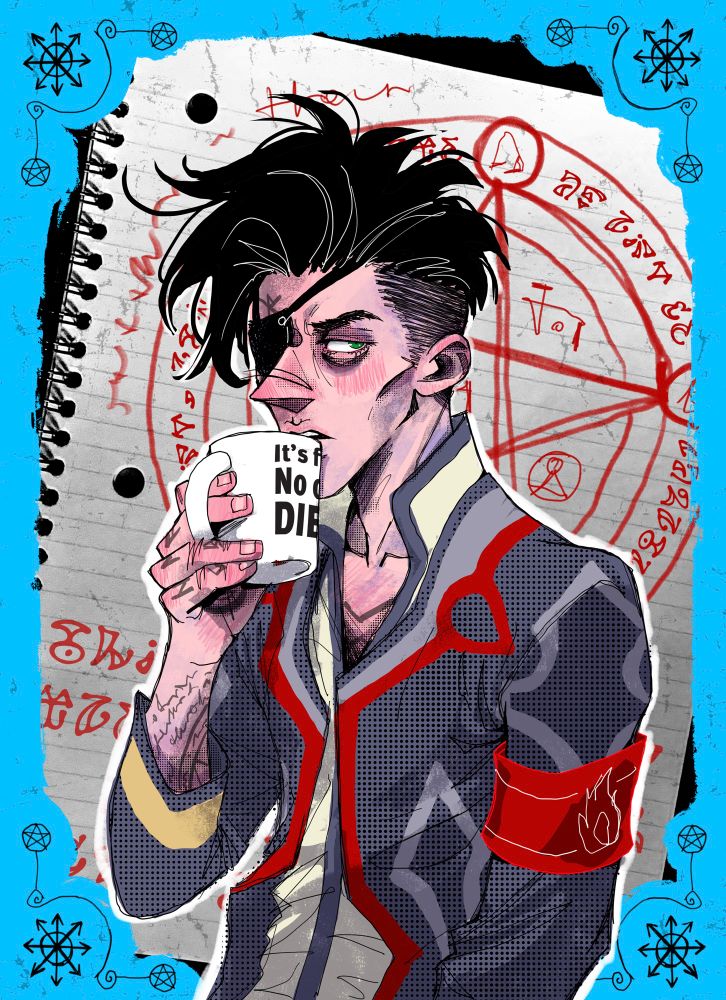Same drawing of John in the school teacher uniform drinking coffee only with the card border and a notebook with spells written in red crayon in the background 