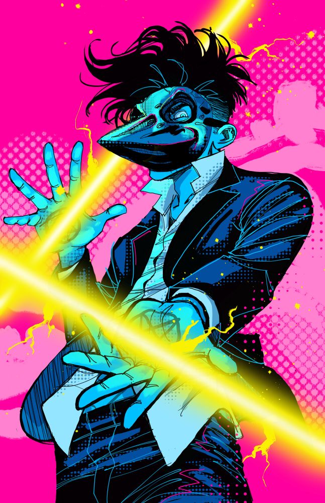 The last page of the fifth issue of my comic Hellhound shows John dressed as the Hellhound in his suit and mask. He has finally cast his trademark spell- two handheld glowy sword/weapon things. It’s very bright