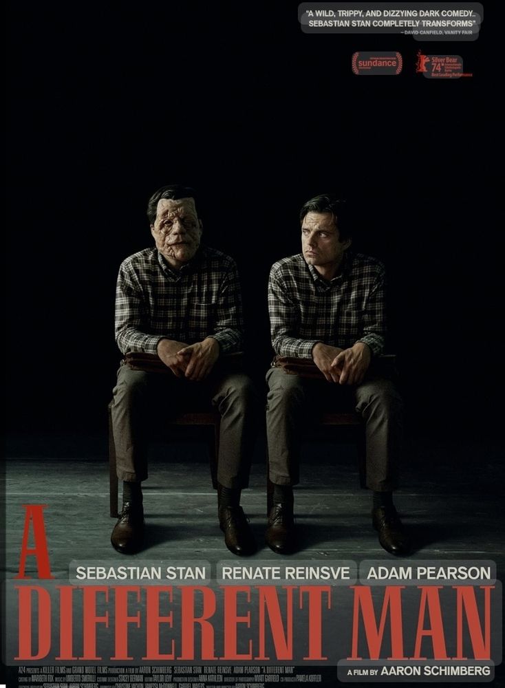 A movie poster for A Different Man starring Sebastian Stan. Sebastian is sitting next to himself, one image is of his former self,  the other, his "new and improved" self