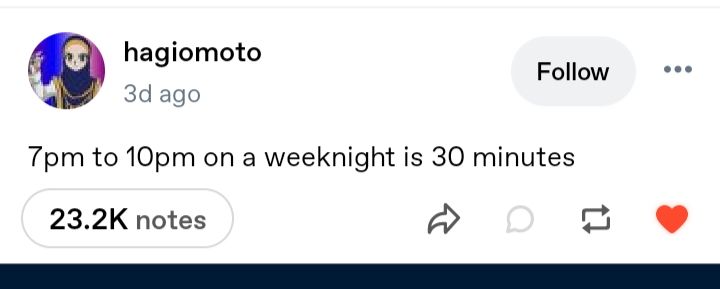 7pm to 10pm on a weeknight is 30 minutes