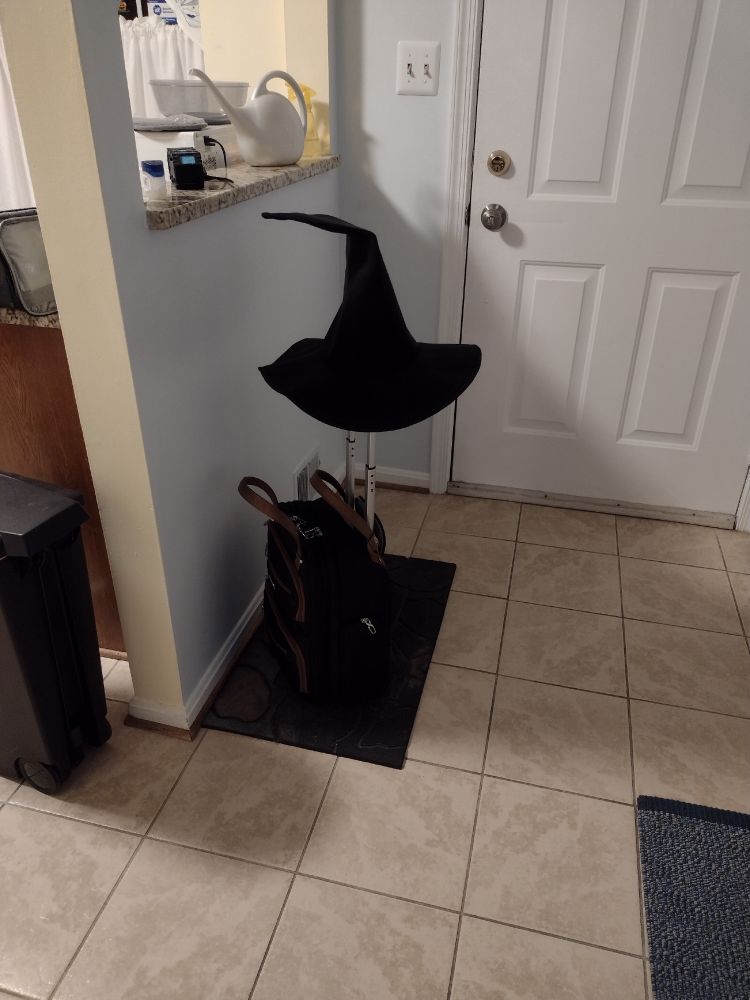 Photo of a rolling laptop bag with a black witch hat perched on the handle