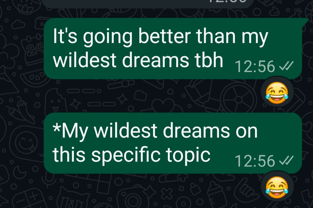 Two texts from the same person. The top one says "it's going better than my wildest dreams". The second one says "*my wildest dreams on this specific topic".