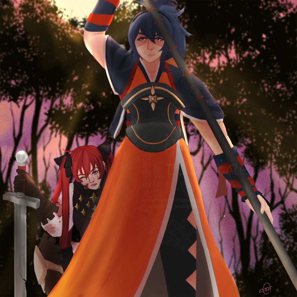 Oboro, wearing orange, is standing in front of Selena ready to defend her. Selena is injured and leaning on her sword. Oboro looks angry. Background is silhouette of a forest, with a sunset behind them